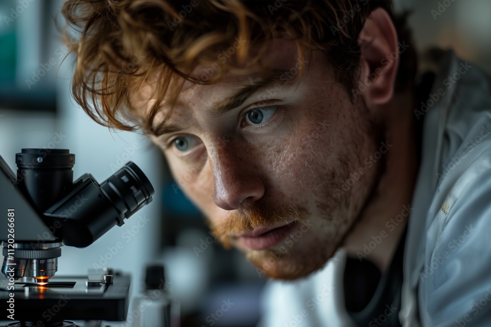 Focused scientist examining specimen under a microscope in a modern laboratory setting. Focused scientist examining specimen under a microscope in a modern laboratory setting.