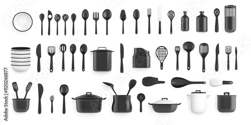 Theme: Food, Cooking, Kitchen Utensils, Icon Set, Shapes, Objects, Black and White, on White Background, Abstract Image, Texture, Pattern Background, Wallpaper, Cover and Screen of Smartphone, PC, Lap