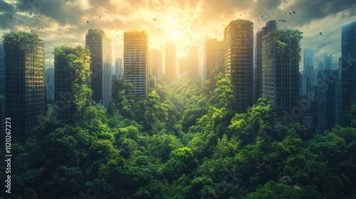 Nature reclaiming abandoned city skyline at sunset.