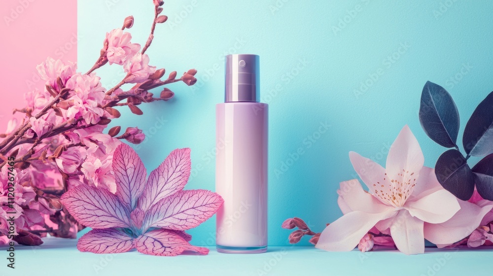 Perfume bottle with floral decorations on pastel background Perfume bottle with floral decorations on pastel background