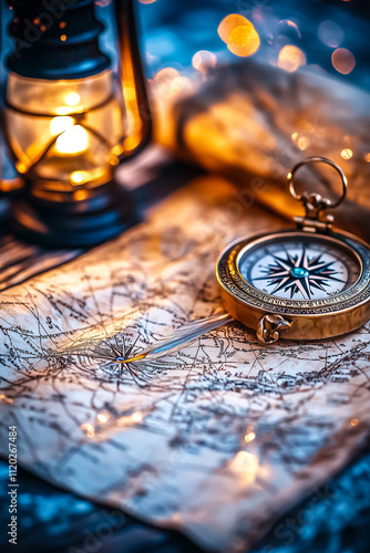 A detailed map and compass rest on a sturdy desk, glowing softly in the warm light of an antique lantern photo