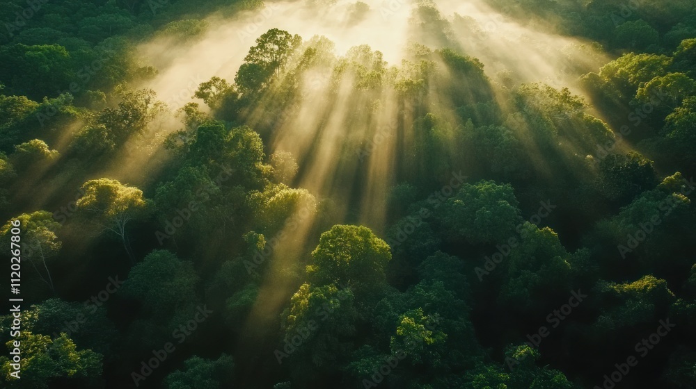 Obraz premium Sun rays breaking through misty forest canopy at dawn