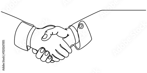 hand drawn continuous one line of handshake. poster art print. vector illustration, two businessmen shaking hands. Continuous one line drawing illustration vector, Handshake continuous line drawing. 