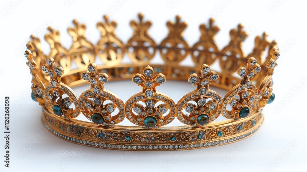 An ornate golden crown, intricately detailed and brilliantly shining against the simplicity of the white backdrop An ornate golden crown, intricately detailed and brilliantly shining against the simplicity of the white backdrop