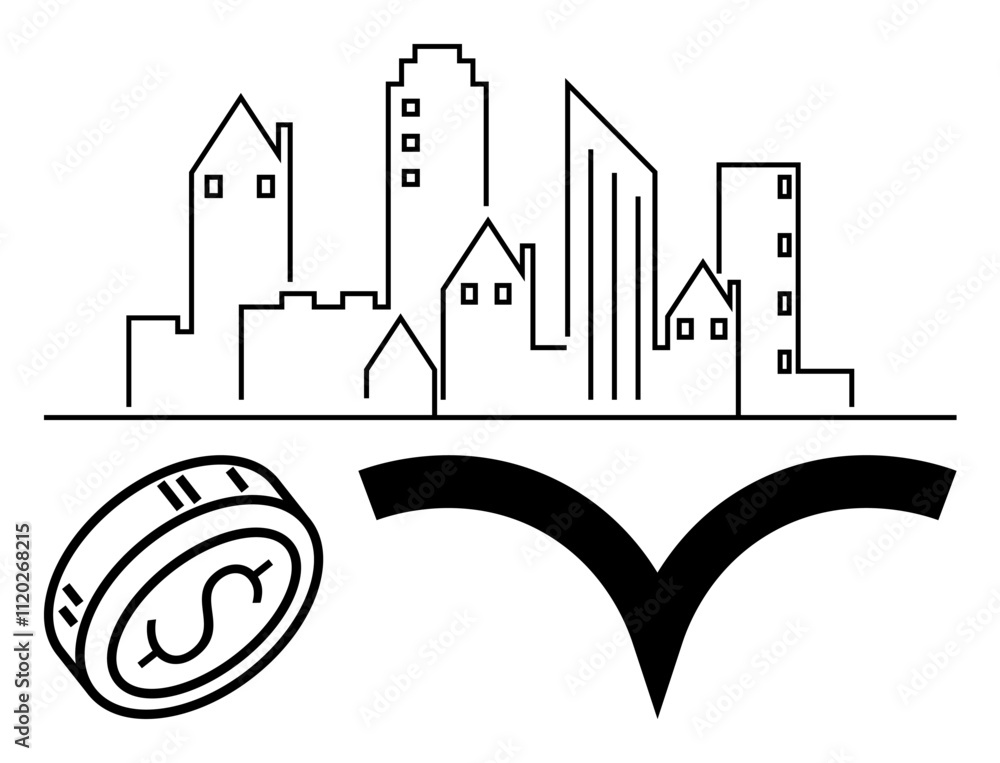 Obraz premium Cityscape with various building outlines, a coin displaying a dollar sign, and an abstract checkmark shape. Ideal for financial services, real estate, investment, business, banking, architecture