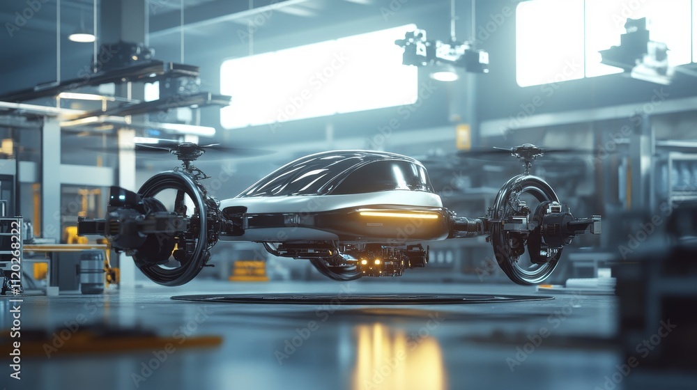 Futuristic Drone in a Modern Workshop Environment Futuristic Drone in a Modern Workshop Environment