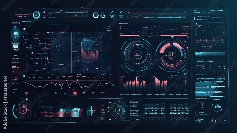 A futuristic data dashboard displaying various analytics and graphical metrics. A futuristic data dashboard displaying various analytics and graphical metrics.