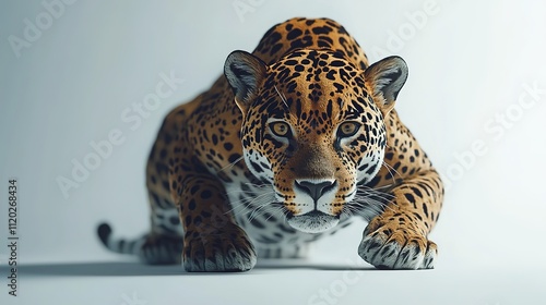 A detailed close-up of a jaguar in a stalking pose, showcasing its distinctive spots and intense gaze. photo