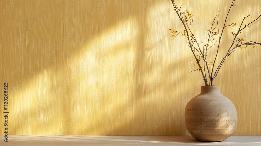 A vase with yellow flowers sits on a table in front of a yellow wall A vase with yellow flowers sits on a table in front of a yellow wall