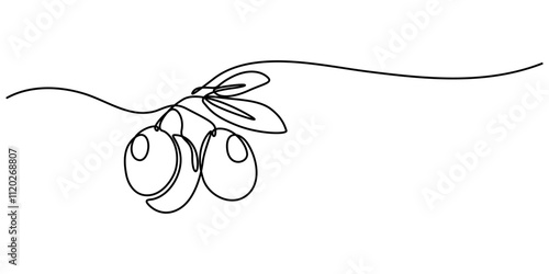 Continuous Line Drawing of Olive Icon. Hand Drawn Symbol Vector Illustration, Olive Brunch Vector Illustration. Fruit, Green, Mediterranean Cuisine, Olive Oil, Aroma, Single one line drawing of heap. 