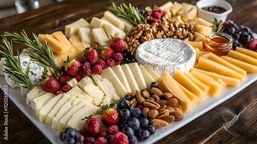 Gourmet Cheese Platter With Berries Nuts And Honey