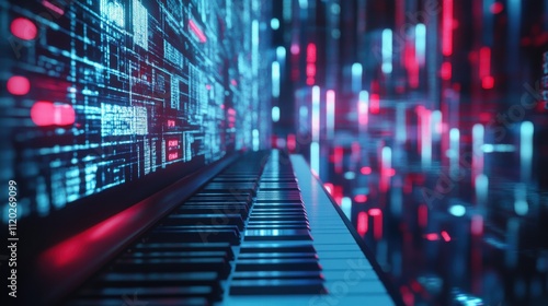 Piano keys in futuristic digital code environment.