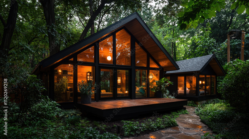 A pair of modern cabins with expansive windows warmly lit at dusk, nestled among trees, hinting at a tranquil blend of comfort and natural beauty. A pair of modern cabins with expansive windows warmly lit at dusk, nestled among trees, hinting at a tranquil blend of comfort and natural beauty.