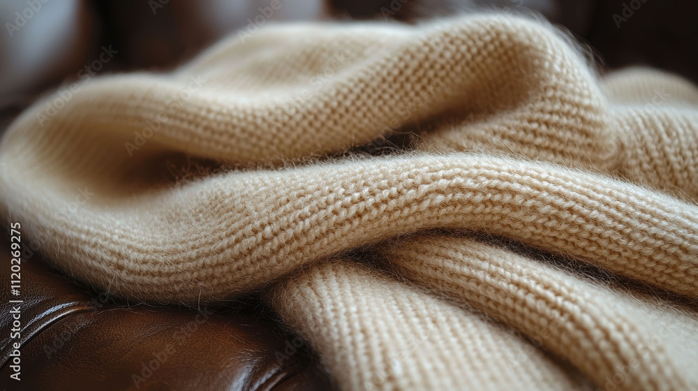 A cozy knitted blanket draped artfully over a leather chair, evoking warmth and comfort in a serene living space. A cozy knitted blanket draped artfully over a leather chair, evoking warmth and comfort in a serene living space.
