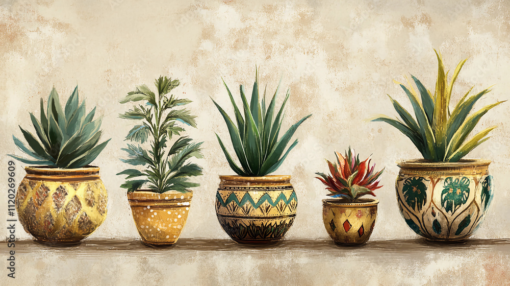 Obraz premium Illustration of houseplants in doecorative pots