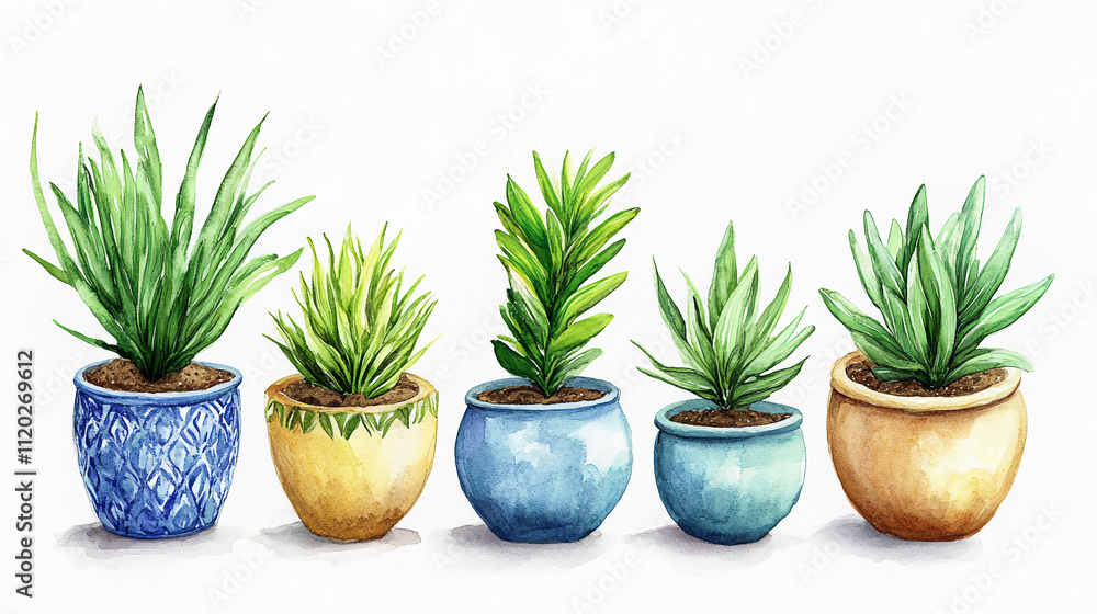 Illustration of houseplants in doecorative pots Illustration of houseplants in doecorative pots