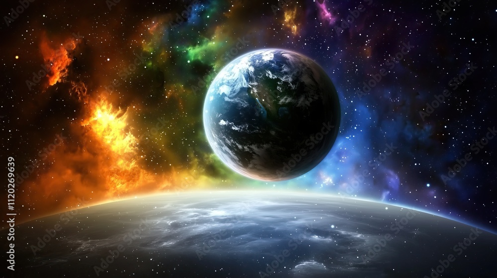 Fototapeta premium Stunning view of Earth against vibrant cosmic backdrop filled with colors abstract space astronomy