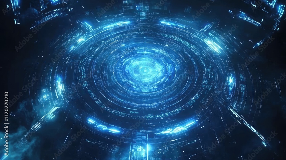 Obraz premium A futuristic, glowing circular structure with intricate patterns and blue light effects.