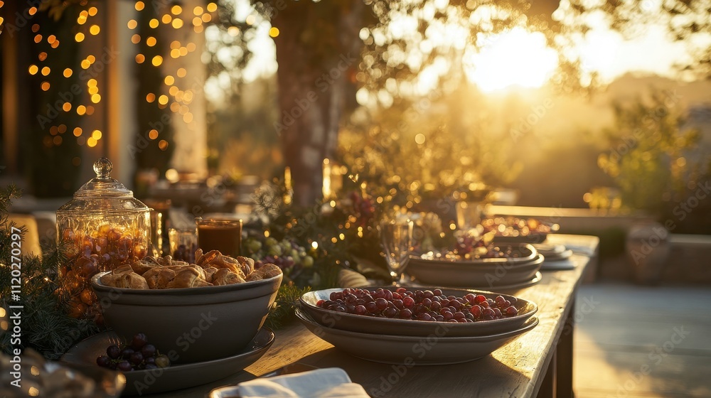 Elegant Outdoor Dinner with Sunlit Ambiance Elegant Outdoor Dinner with Sunlit Ambiance