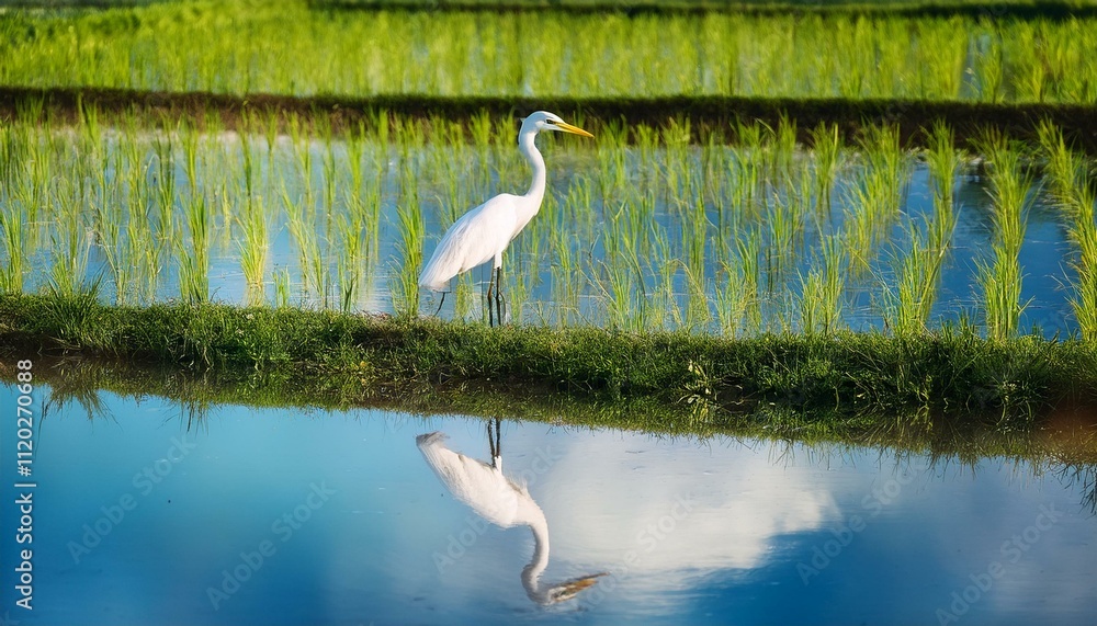 Fototapeta premium white egret heron scient. class. Egretta bird animal, in a rice