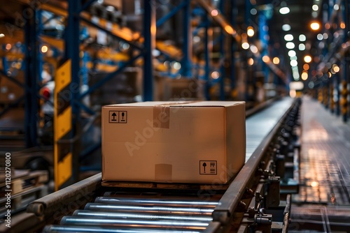 A Box on a Conveyor Belt in a Warehouse Setting