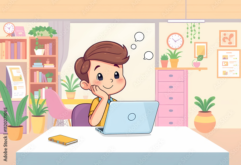 Whimsical cartoon illustration of young entrepreneur at desk with laptop, office supplies, and colorful elements for animated visuals or creative projects Whimsical cartoon illustration of young entrepreneur at desk with laptop, office supplies, and colorful elements for animated visuals or creative projects
