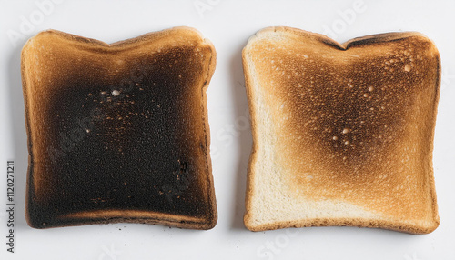 Burnt slice of bread toast isolated on white backdrop. Toxic food.