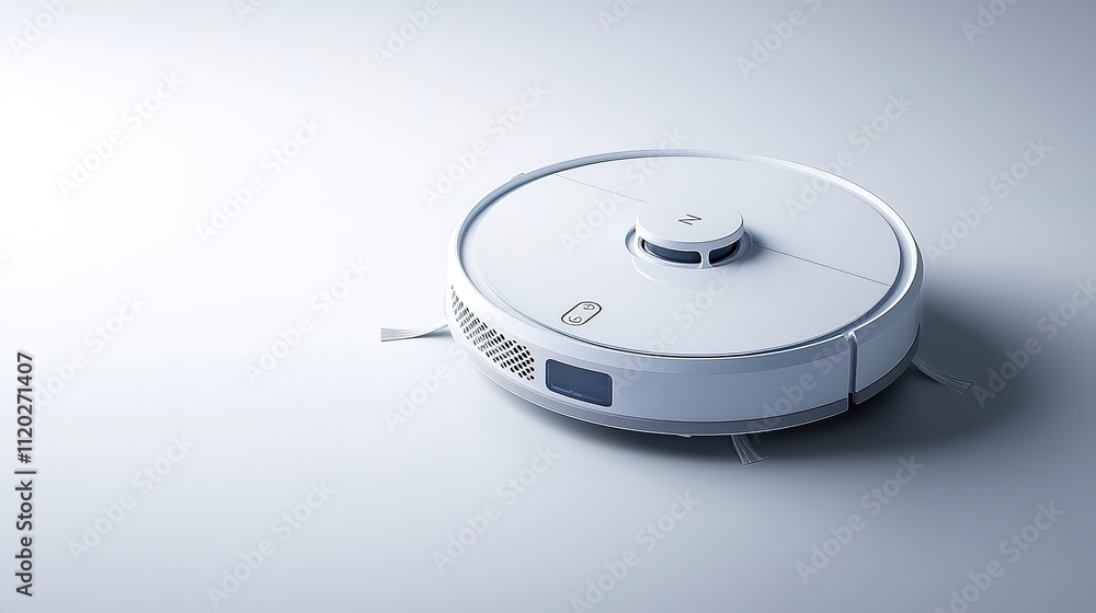 A sleek, modern robotic vacuum cleaner on a minimalist surface, designed for efficient and automated home cleaning. A sleek, modern robotic vacuum cleaner on a minimalist surface, designed for efficient and automated home cleaning.