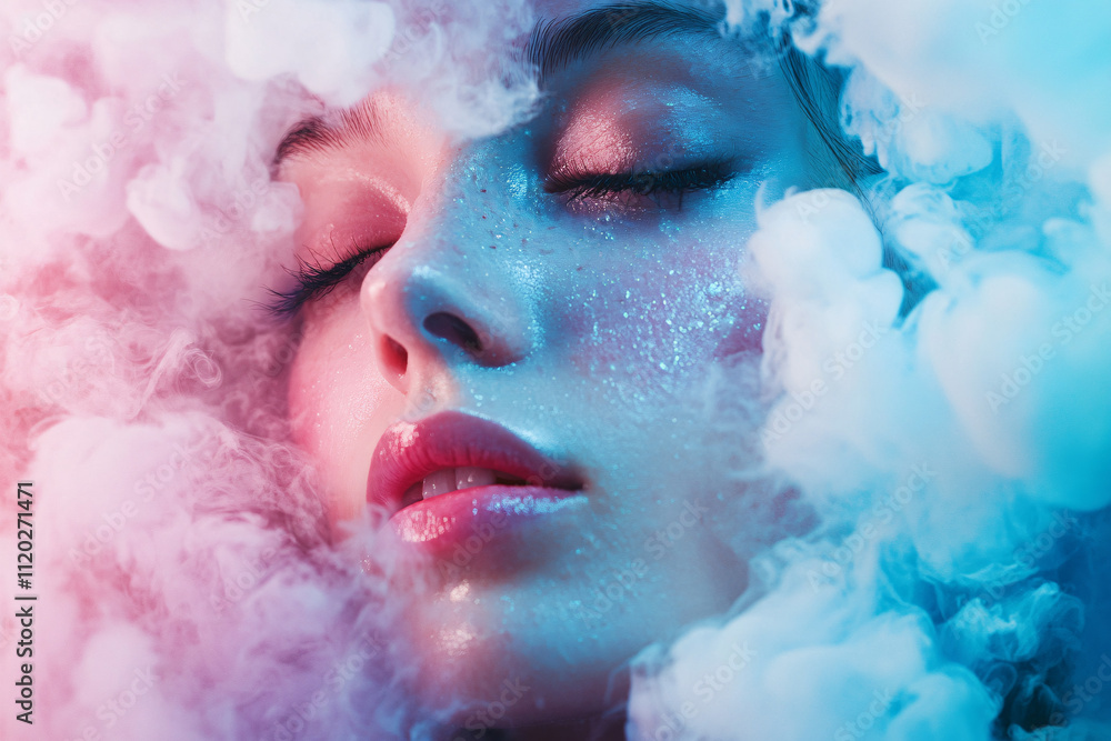 A portrait of a beautiful freckle woman as a model, surrounded by soft pink and blue clouds, evoking a dreamy and ethereal atmosphere A portrait of a beautiful freckle woman as a model, surrounded by soft pink and blue clouds, evoking a dreamy and ethereal atmosphere