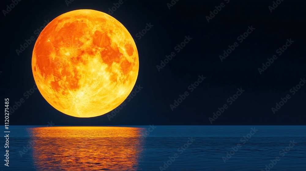 A large bright orange moon reflecting on calm water at night A large bright orange moon reflecting on calm water at night