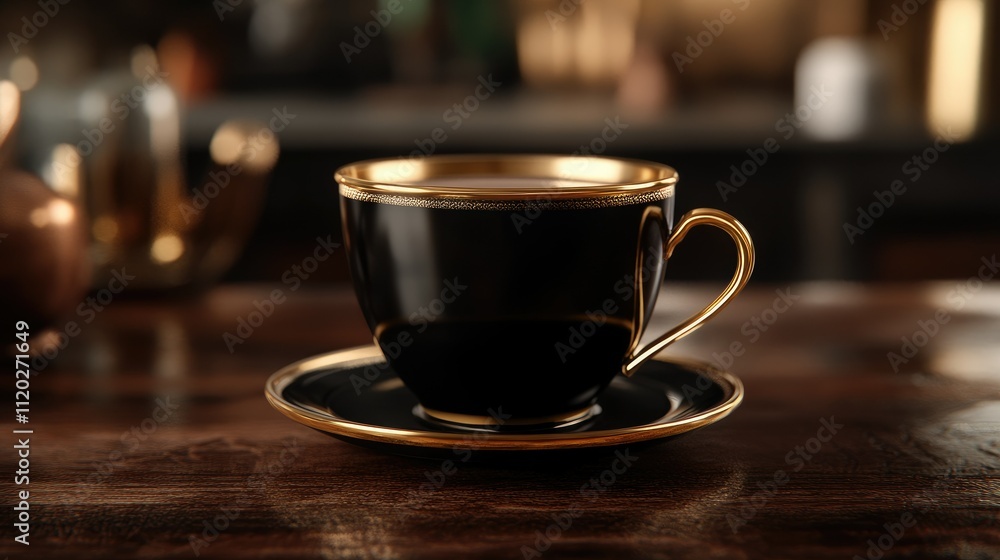 A luxurious black cup with gold accents, resting on a matching saucer on a wooden table. A luxurious black cup with gold accents, resting on a matching saucer on a wooden table.