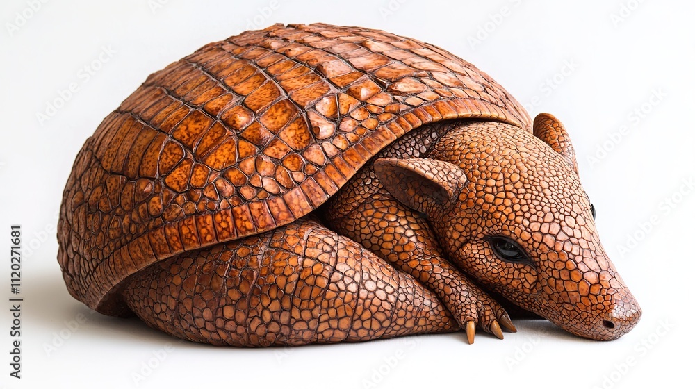 Obraz premium A realistic sculpture of an armadillo, curled up with a textured shell, showcasing intricate details and warm brown tones.