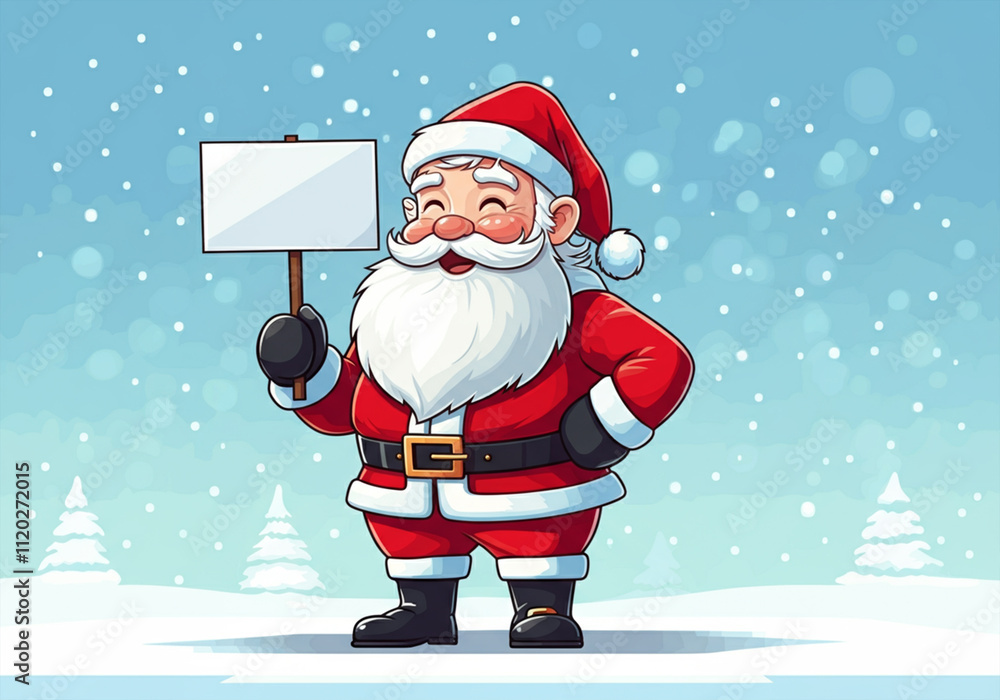 Père Noël tenant une pancarte blanche et souriant dans un décor de neige. Père Noël tenant une pancarte blanche et souriant dans un décor de neige.