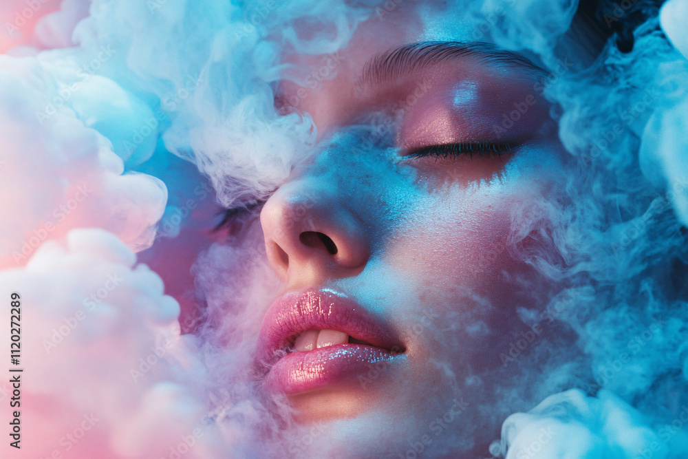 A beautiful freckle woman as a model, with pink and blue clouds around her, giving off a serene and dreamy vibe A beautiful freckle woman as a model, with pink and blue clouds around her, giving off a serene and dreamy vibe