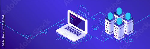 Isometric vector illustration representing cloud computing, with laptop connecting to server and cloud, ideal for technology and internet concepts