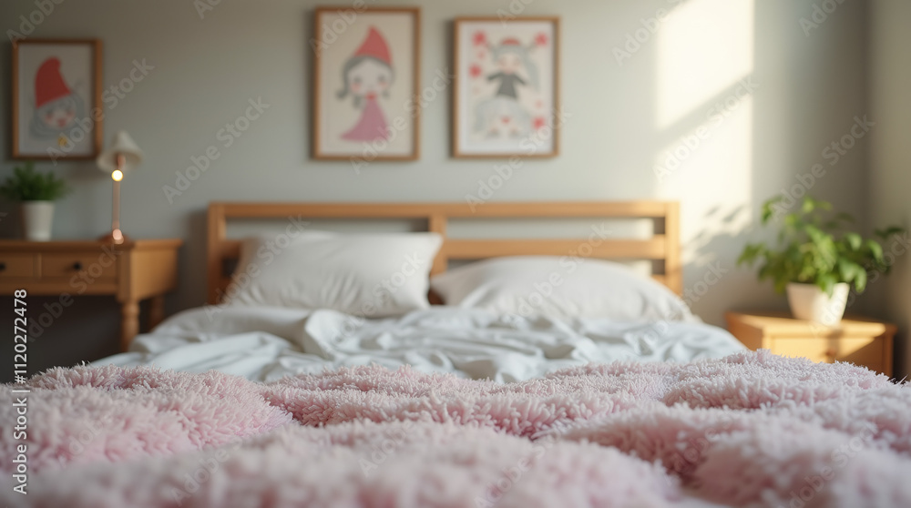 Room with comfortable bed with pillows and cushions Room with comfortable bed with pillows and cushions