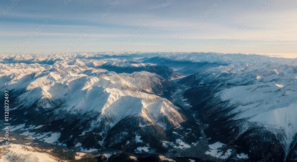 Serene mountain landscape at dawn with snowy peaks Serene mountain landscape at dawn with snowy peaks