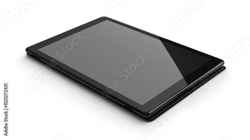 A sleek, modern tablet rests at an angle on a flat surface, showcasing its smooth design and reflective screen.