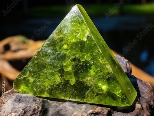 Green crystal pyramid growth nature elegance symbol light reflection