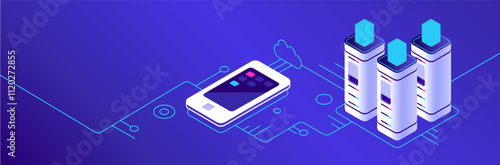 Isometric vector illustration showing a smartphone connecting to a server database, representing concepts like cloud computing, data storage, and mobile technology