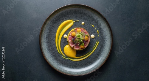 Elegant gourmet dish with artistic presentation on dark plate