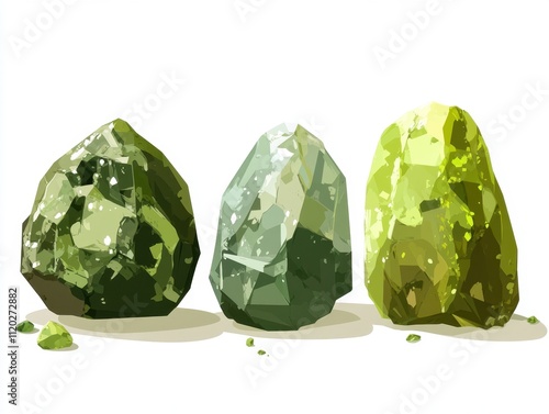 Faceted gemstones Olivine gemstone isolated, peridot, chrysolite, green mineral crystals