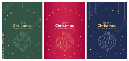 A set of Merry Christmas and Happy New Year greeting cards vector. Merry Christmas cards with balls, Christmas tree, and Stars ornaments.