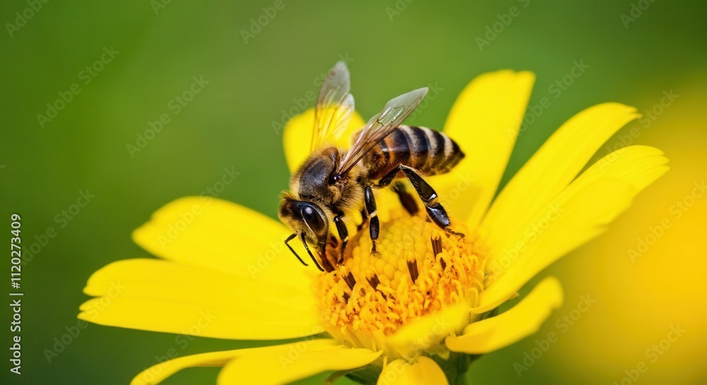 Honeybee pollinating vibrant yellow flower in nature Honeybee pollinating vibrant yellow flower in nature