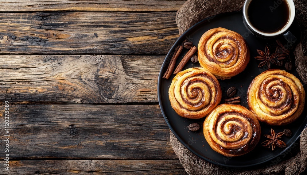 Traditional cinnamon pastries served with coffee on a wooden table, featuring ample space for text. Traditional cinnamon pastries served with coffee on a wooden table, featuring ample space for text.