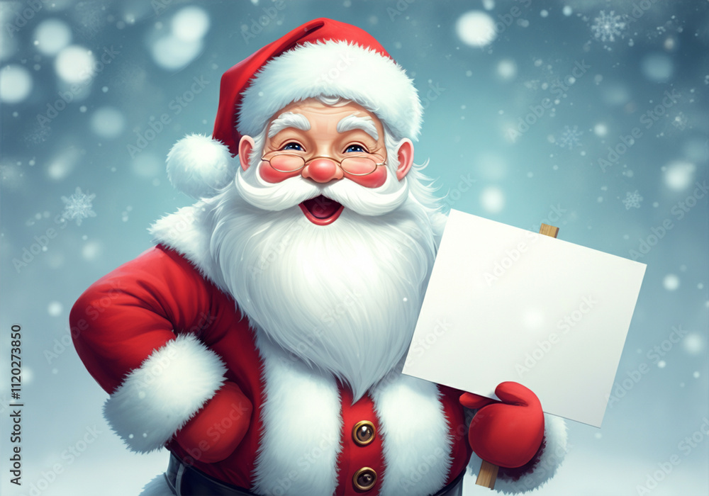 Naklejka premium Père Noël souriant tenant une pancarte blanche sous un ciel étoilé enneigé.