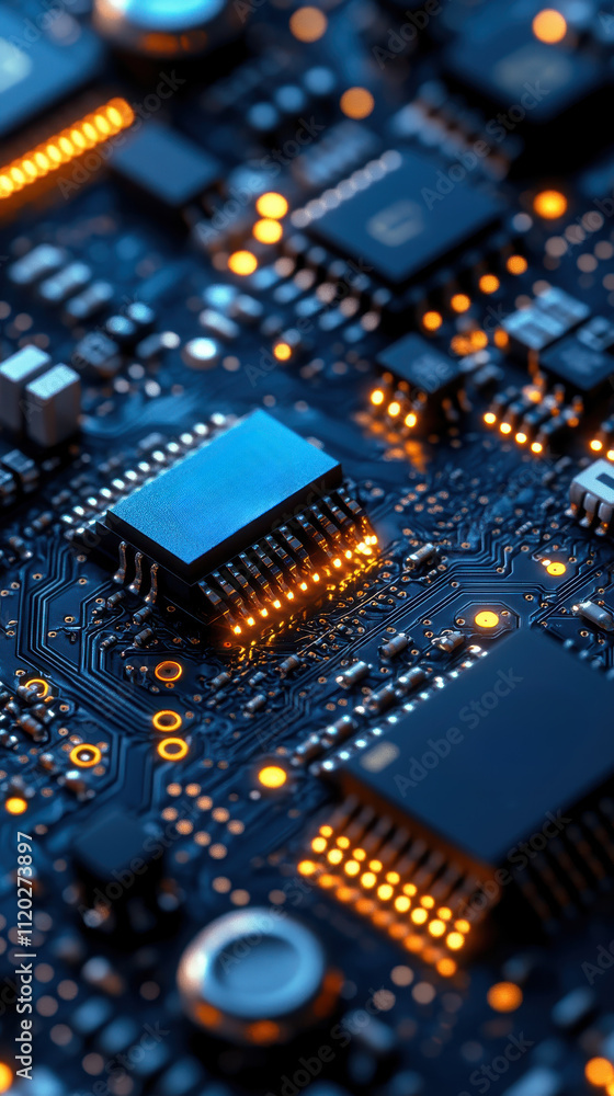 futuristic microchip with glowing neon circuits and intricate details, showcasing high-tech and advanced electronic design aesthetics futuristic microchip with glowing neon circuits and intricate details, showcasing high-tech and advanced electronic design aesthetics