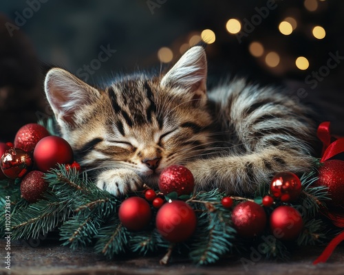 A charming kitten sleeping peacefully on a bed of festive greenery and ornaments, embodying holiday warmth. photo