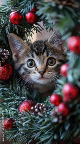 A charming kitten peeks through a festive Christmas wreath adorned with red ornaments, capturing holiday joy. photo