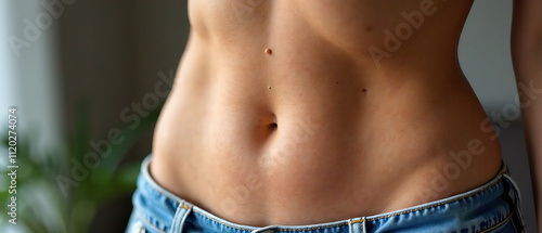 Close-up of a female abdomen showcasing loose, sagging excess skin folds photo